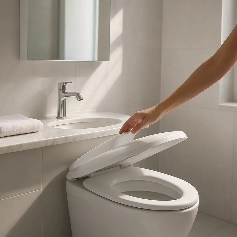 Banheiro pequeno elegante com vaso sanitário moderno de tampa automática aberto por mão feminina, bancada de mármore clara com pia compacta e torneira cromada, espelho sem moldura refletindo luz natural