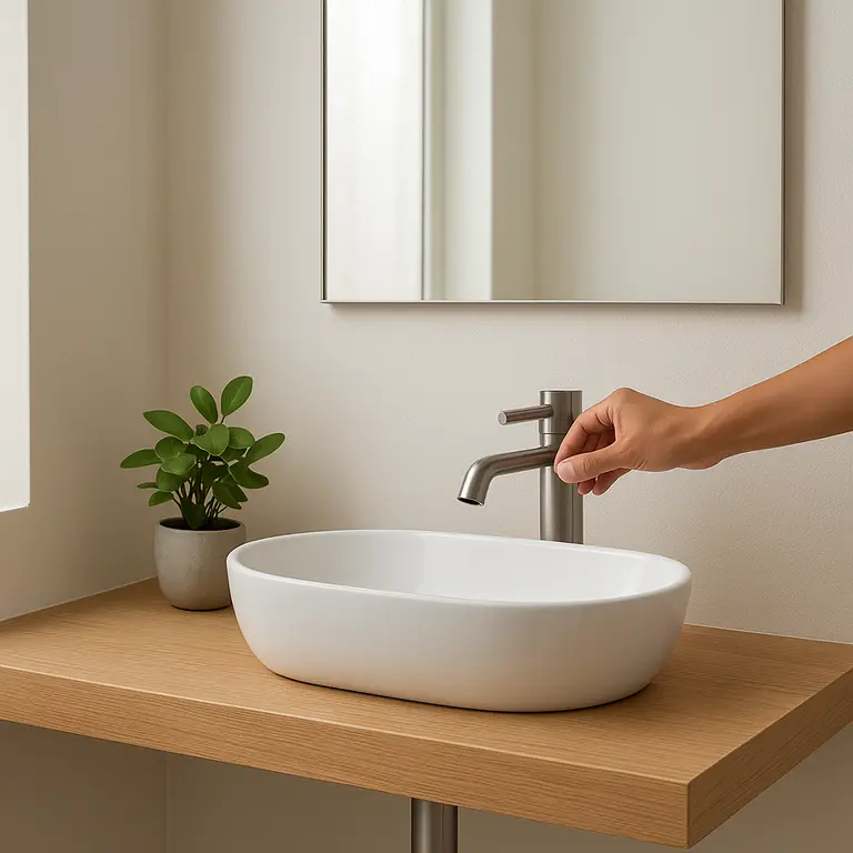 Banheiro pequeno moderno com bancada compacta de madeira clara, pia branca oval suspensa, torneira minimalista em metal escovado, plantas verdes em vaso sobre a bancada e espelho retangular sem moldura