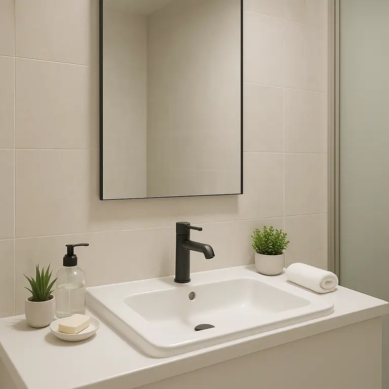 Banheiro pequeno moderno com decoração funcional e iluminação natural