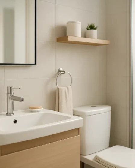 banheiro pequeno moderno funcional Banheiro pequeno moderno com pia compacta, espelho minimalista e acessórios organizados