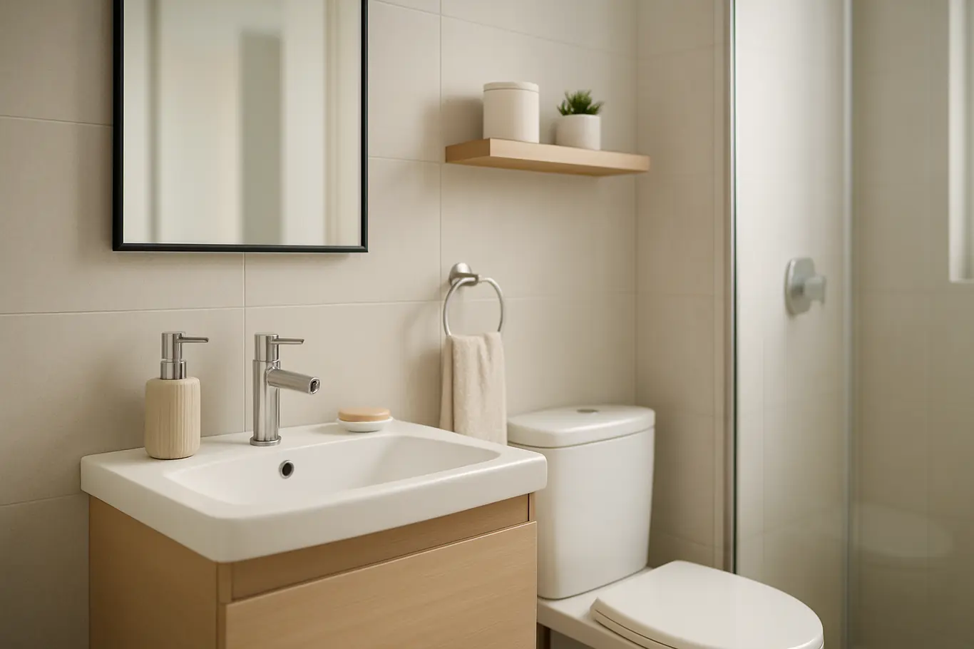 banheiro pequeno moderno funcional Banheiro pequeno moderno com pia compacta, espelho minimalista e acessórios organizados