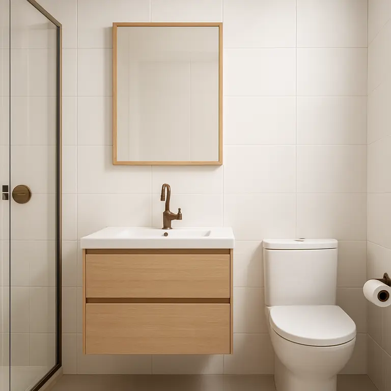 Banheiro pequeno moderno com móveis planejados em madeira clara e revestimentos azulejos brancos