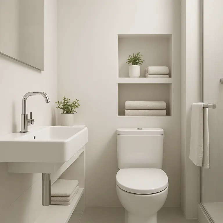 Banheiro pequeno moderno com design minimalista, louças compactas, nichos embutidos e iluminação difusa