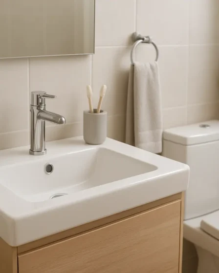 banheiro pequeno moderno pia cromada Banheiro pequeno moderno com pia compacta e metais cromados