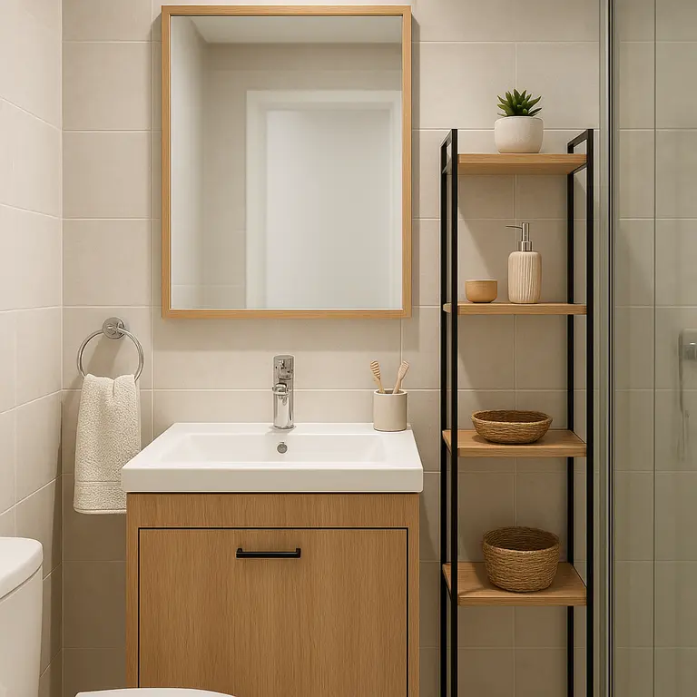 Banheiro pequeno com revestimento claro e móveis compactos