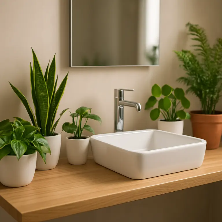 Banheiro pequeno decorado com plantas naturais e detalhes modernos