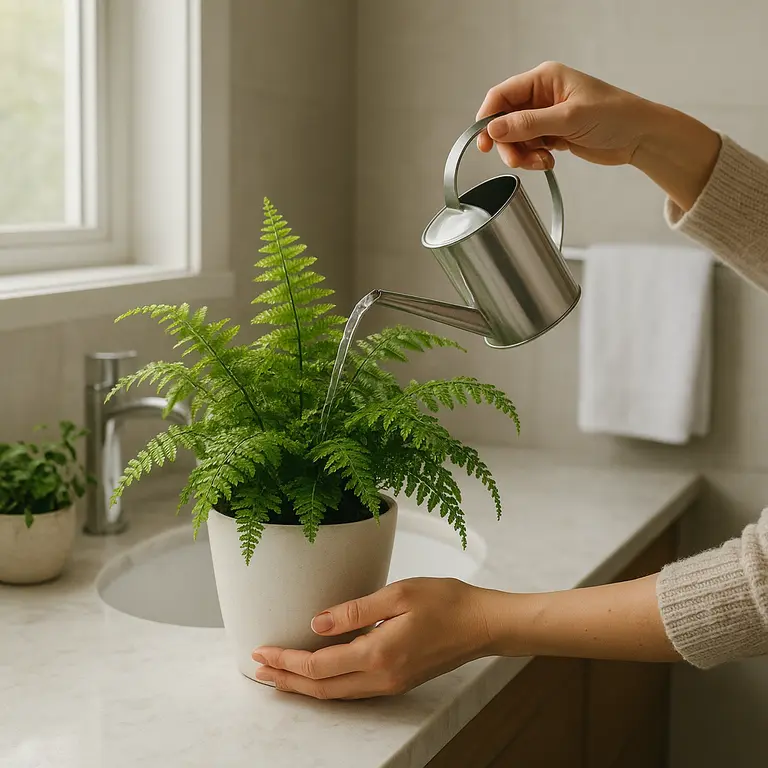 Banheiro moderno com vaso de samambaia sendo regado por mãos femininas na bancada de mármore clara