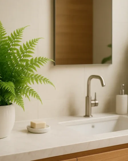 banheiro plantas naturais samambaias ceramica Banheiro moderno com plantas naturais em vaso de cerâmica branca ao lado da pia de mármore