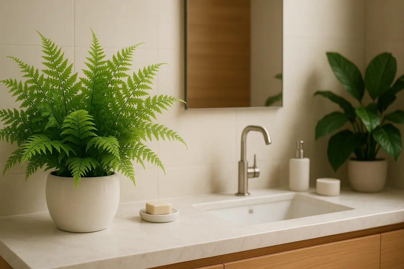 banheiro plantas naturais samambaias ceramica Banheiro moderno com plantas naturais em vaso de cerâmica branca ao lado da pia de mármore