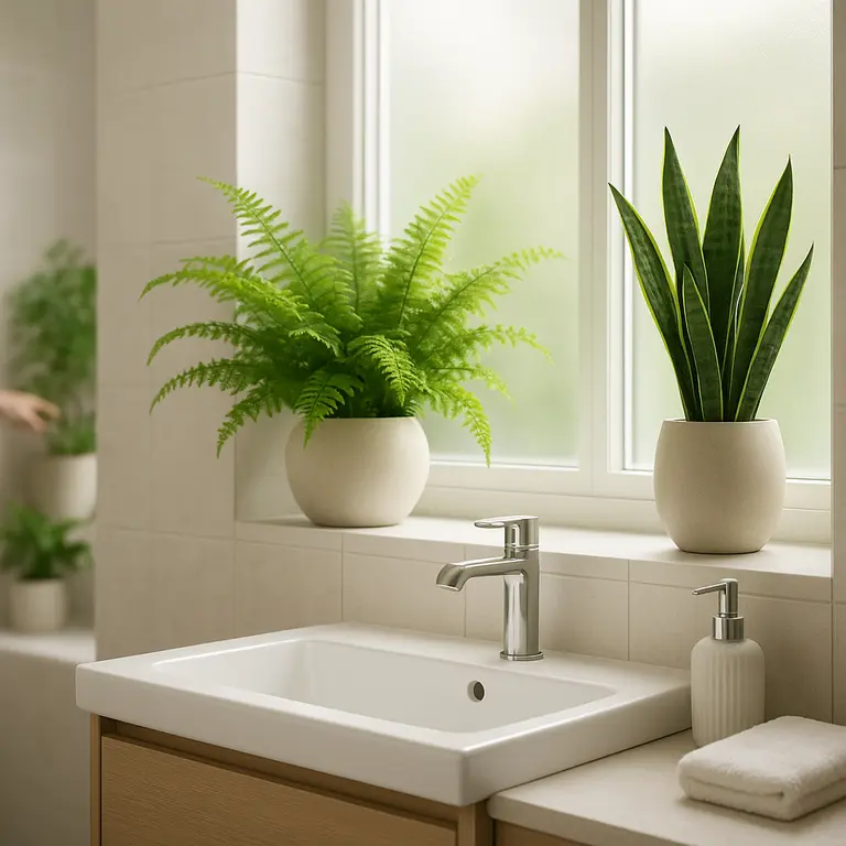 Banheiro pequeno moderno com plantas naturais samambaia e jiboia em vasos elegantes sobre parapeito de janela com azulejos claros