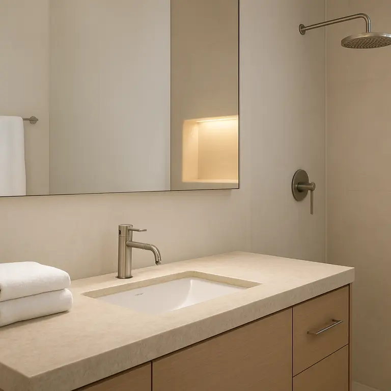 Banheiro compacto sofisticado com bancada texturizada natural, metais escovados, nicho iluminado e espelho grande refletindo luz