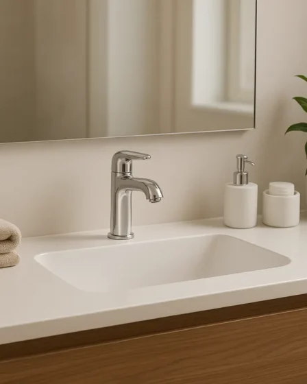 banheiro simples sofisticado bancada moderna Banheiro simples e sofisticado com pia de porcelana branca, torneira cromada e espelho grande com moldura discreta