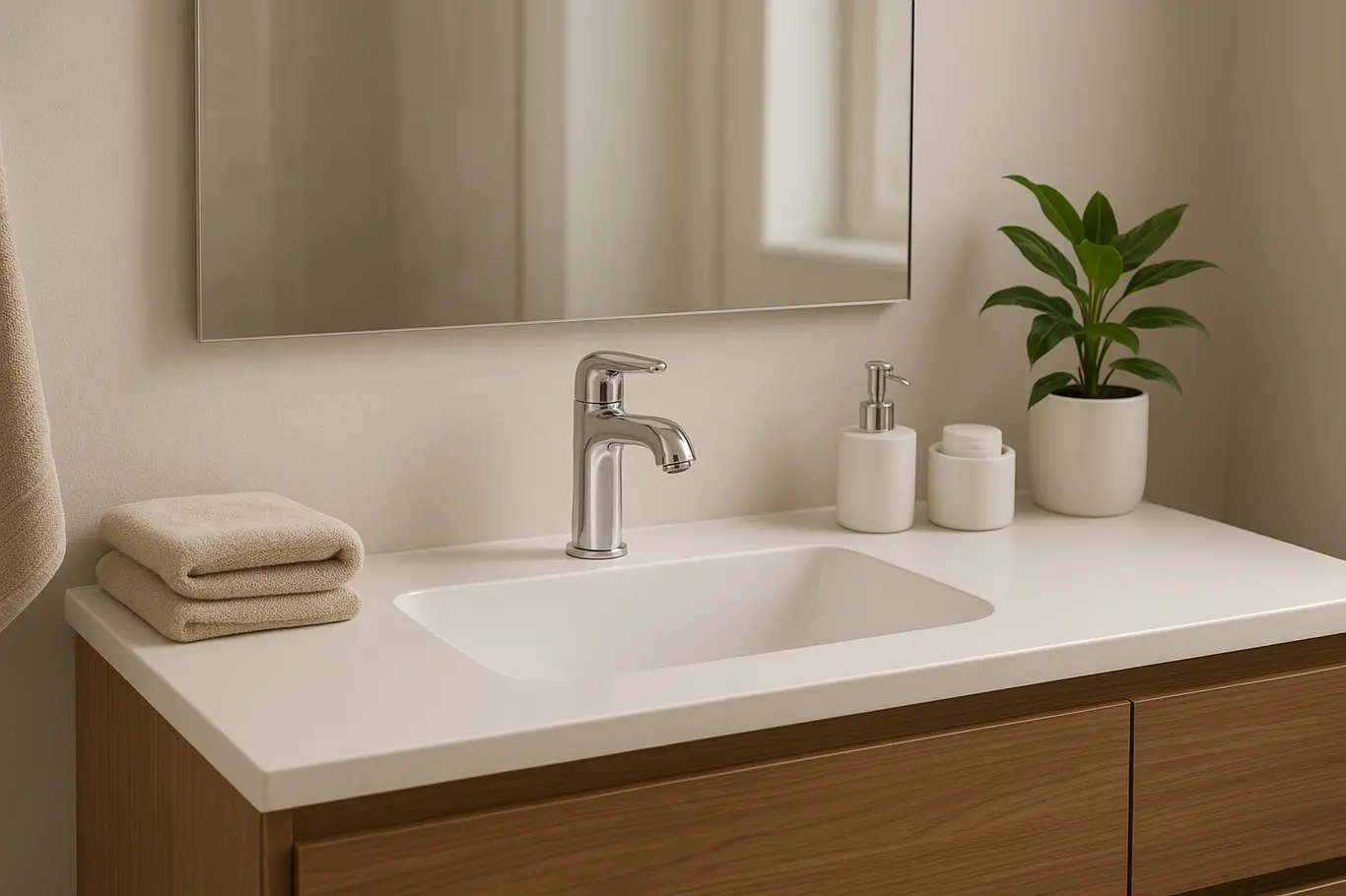 banheiro simples sofisticado bancada moderna Banheiro simples e sofisticado com pia de porcelana branca, torneira cromada e espelho grande com moldura discreta