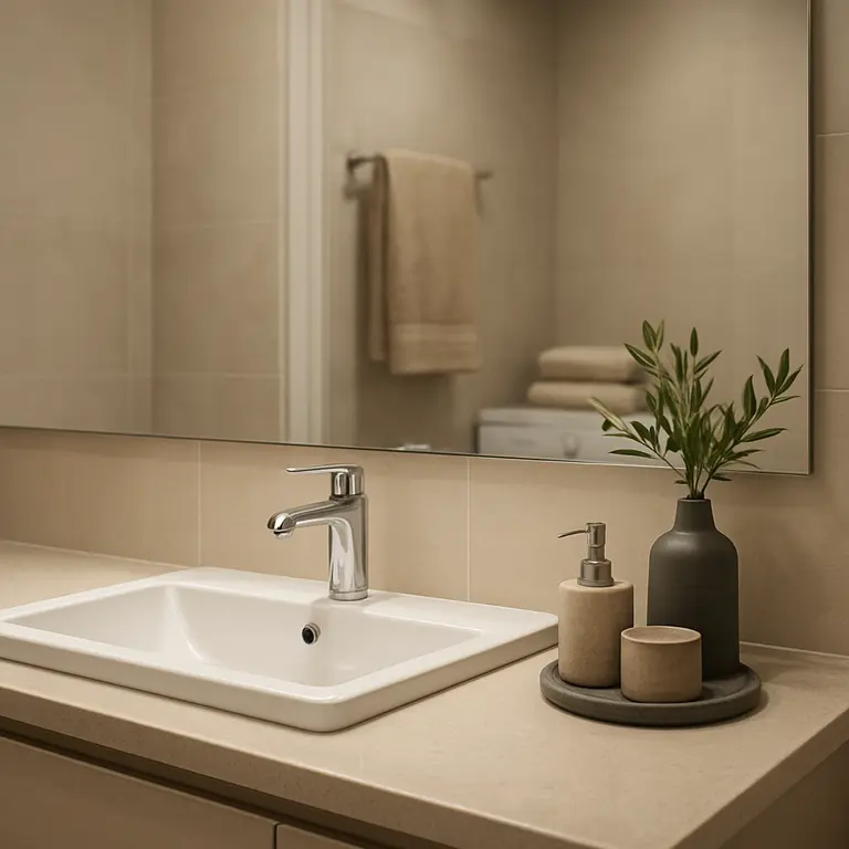 Banheiro simples e sofisticado com bancada branca e decoração minimalista