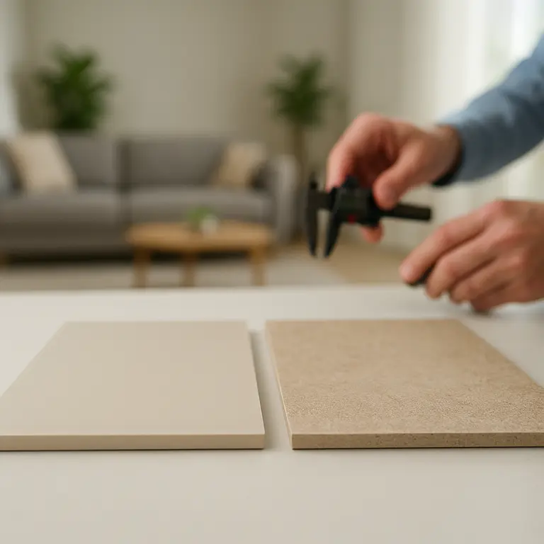 Duas amostras de piso lado a lado: uma de porcelanato brilhante e homogêneo e outra de cerâmica texturizada com mãos desfocadas segurando ferramentas de medição ao fundo em ambiente interno moderno