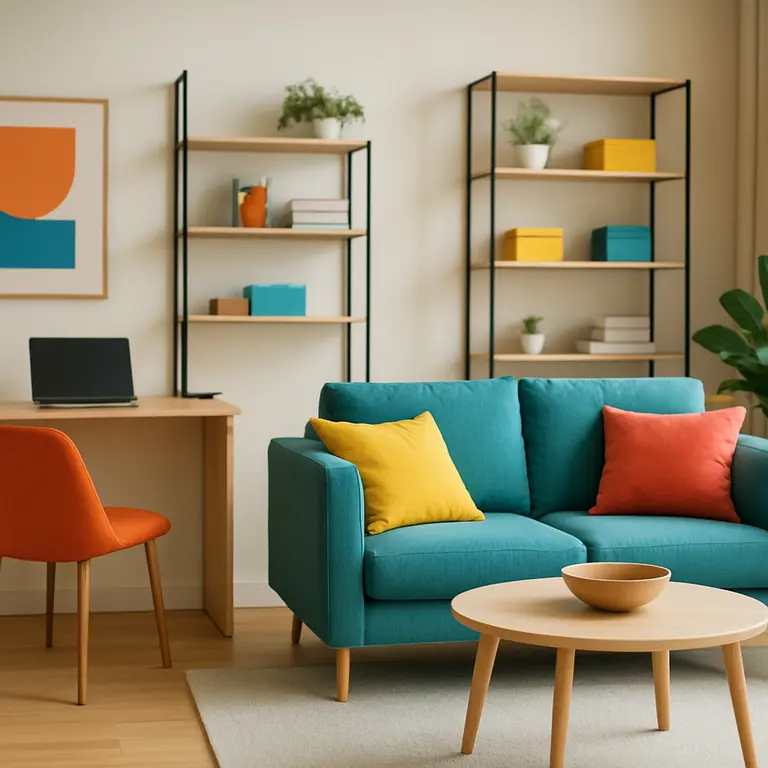 Sala pequena com decoração colorida e móveis multifuncionais
