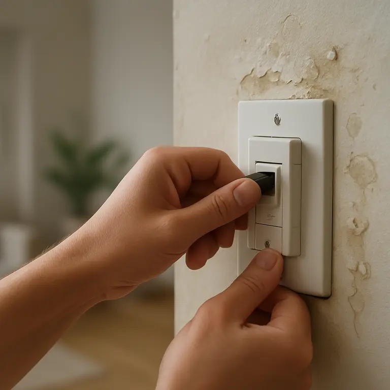 Mãos cortando energia elétrica com chave geral próxima a parede com manchas de água e bolhas na pintura em ambiente residencial elegante