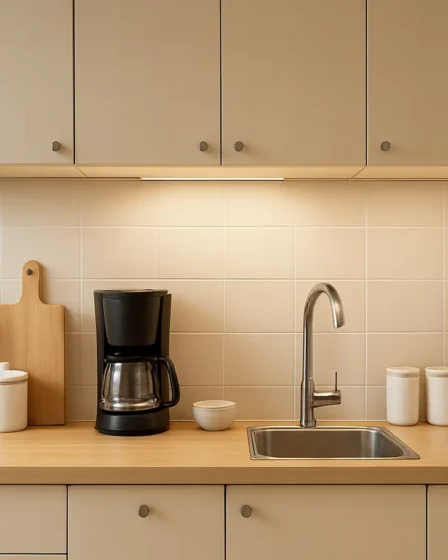 cozinha apartamento pequeno bancada compacta Cozinha de apartamento pequeno funcional com bancada compacta e armários claros