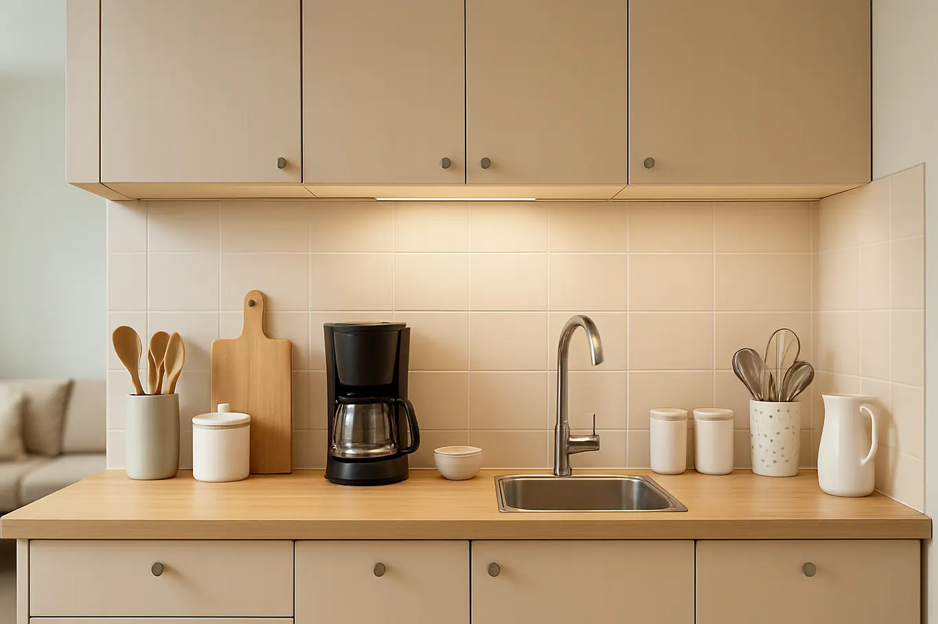 cozinha apartamento pequeno bancada compacta Cozinha de apartamento pequeno funcional com bancada compacta e armários claros