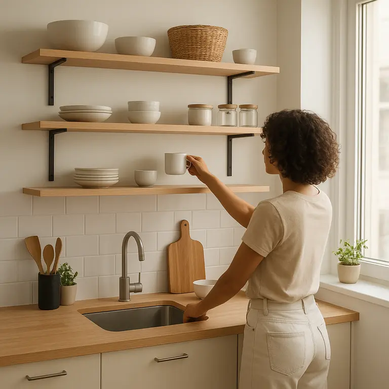 Cozinha de apartamento pequeno com bancada compacta em madeira clara, pessoa organizando utensílios em prateleiras suspensas e iluminação natural pela janela
