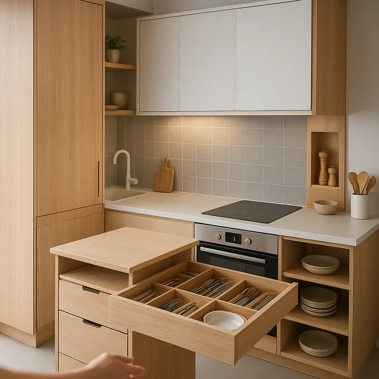 Cozinha pequena moderna com móveis multifuncionais, armários com portas deslizantes e ilha móvel em apartamento