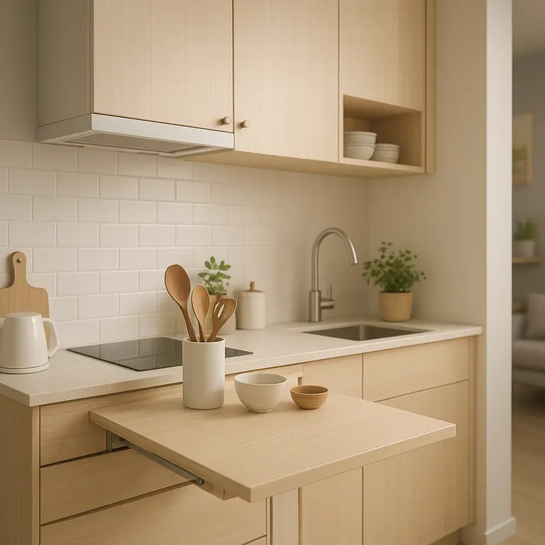 Cozinha pequena de apartamento com armarios planejados e bancada funcional