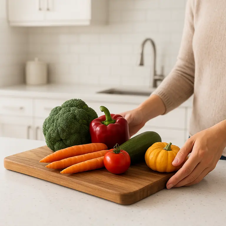 Mãos femininas segurando um tabuleiro com legumes frescos sobre bancada branca de quartzo em cozinha moderna