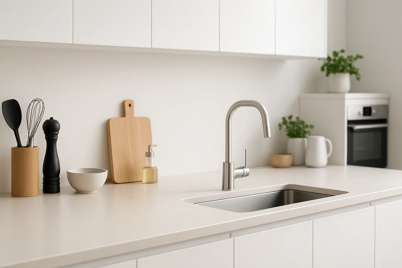 cozinha branca moderna bancada limpa Cozinha branca moderna com armários lisos e bancada clara funcional