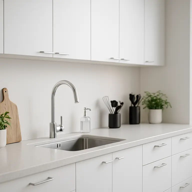 Cozinha branca moderna com ilha central e armarios minimalistas