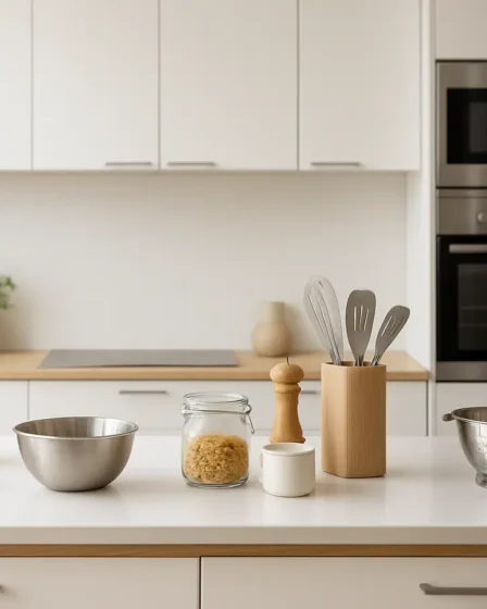 cozinha clean moderna bancada minimalista Cozinha clean moderna com bancada minimalista, armários brancos e eletrodomésticos inox