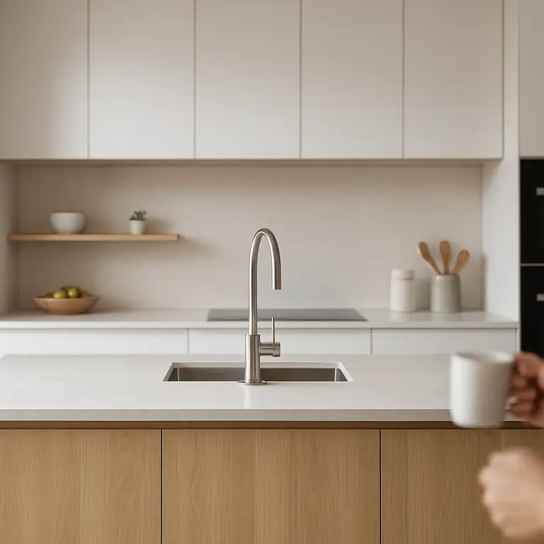 Cozinha Clean Moderna com Armarios Brancos Sem Puxadores Ilha Central Madeira Clara Bancada Lisa e Prateleira Aberta