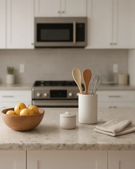 cozinha com ilha pequena bancada clara Cozinha moderna com ilha pequena de bancada clara em pedra com utensílios minimalistas e armários brancos ao fundo