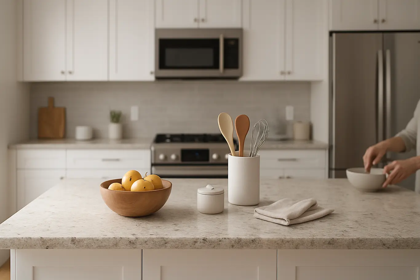 cozinha com ilha pequena bancada clara Cozinha moderna com ilha pequena de bancada clara em pedra com utensílios minimalistas e armários brancos ao fundo