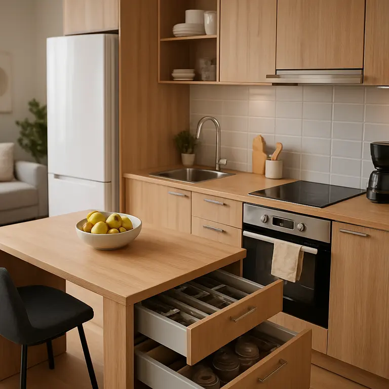 Cozinha compacta planejada moderna com bancada multifuncional e gavetas abertas exibindo armazenamento otimizado