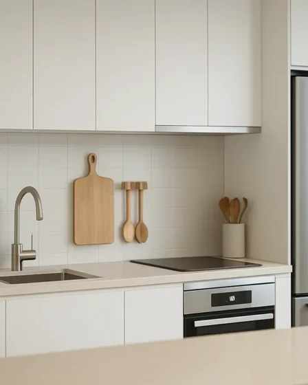 cozinha compacta planejada moderna Cozinha compacta planejada moderna com armários brancos lisos e eletrodomésticos inox embutidos