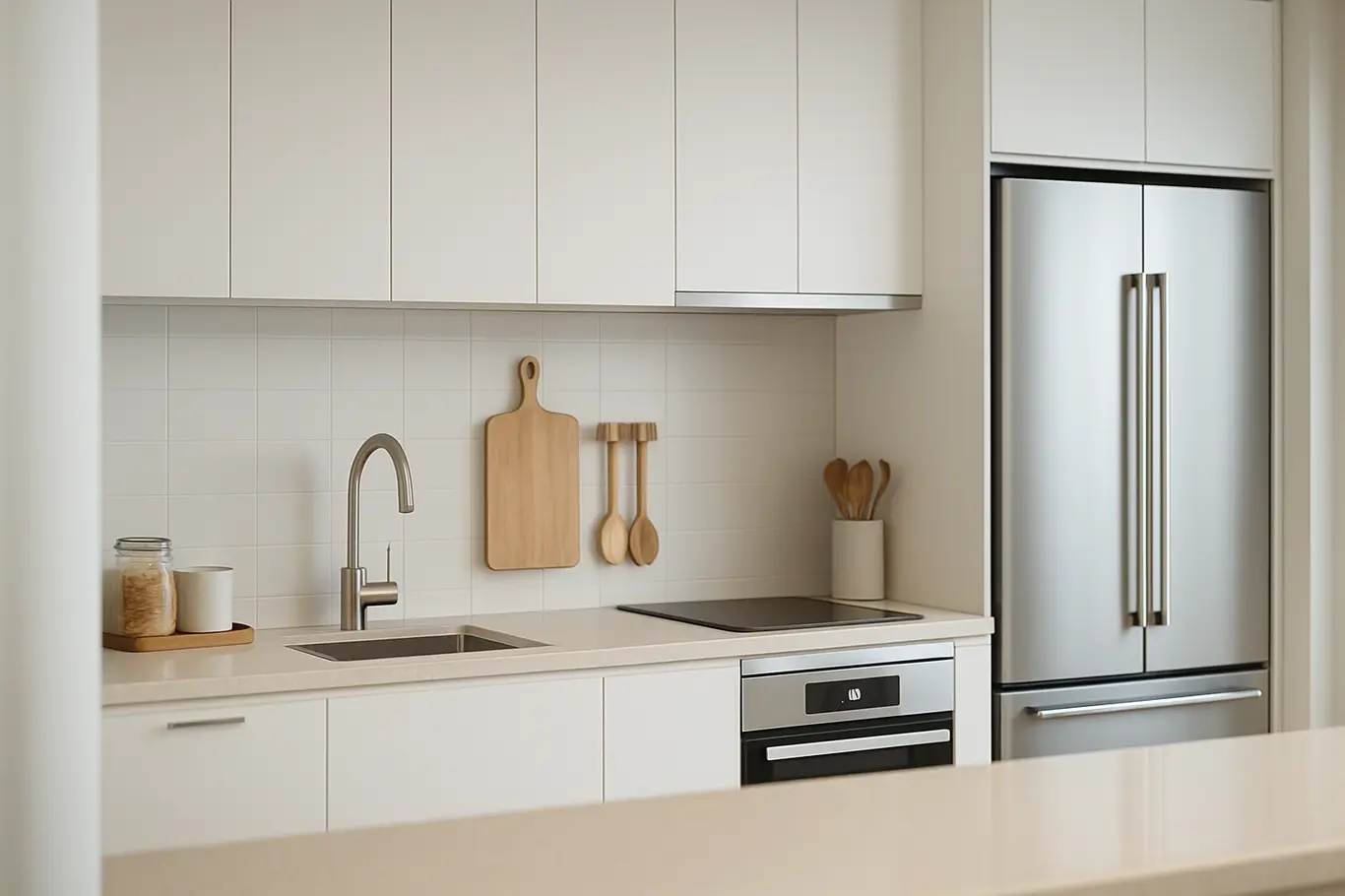 cozinha compacta planejada moderna Cozinha compacta planejada moderna com armários brancos lisos e eletrodomésticos inox embutidos