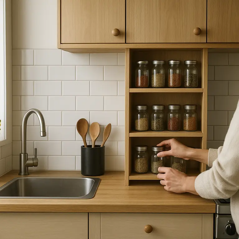 Pessoa organizando frascos de temperos em prateleiras embutidas de cozinha compacta planejada com iluminação natural