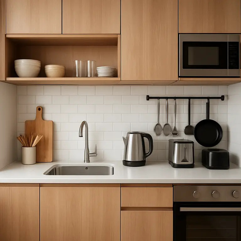 Cozinha compacta planejada com armarios brancos e bancada organizada