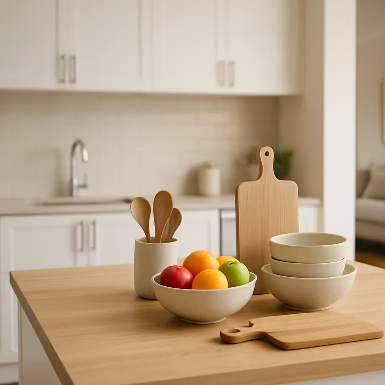 Cozinha moderna compacta com ilha pequena funcional central, bancada clara com detalhes de madeira clara, utensílios de cozinha organizados, armários brancos e sala integrada desfocada ao fundo