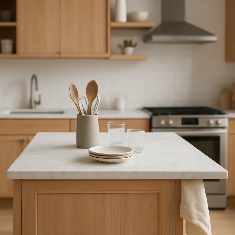 Cozinha compacta com ilha central e armários planejados