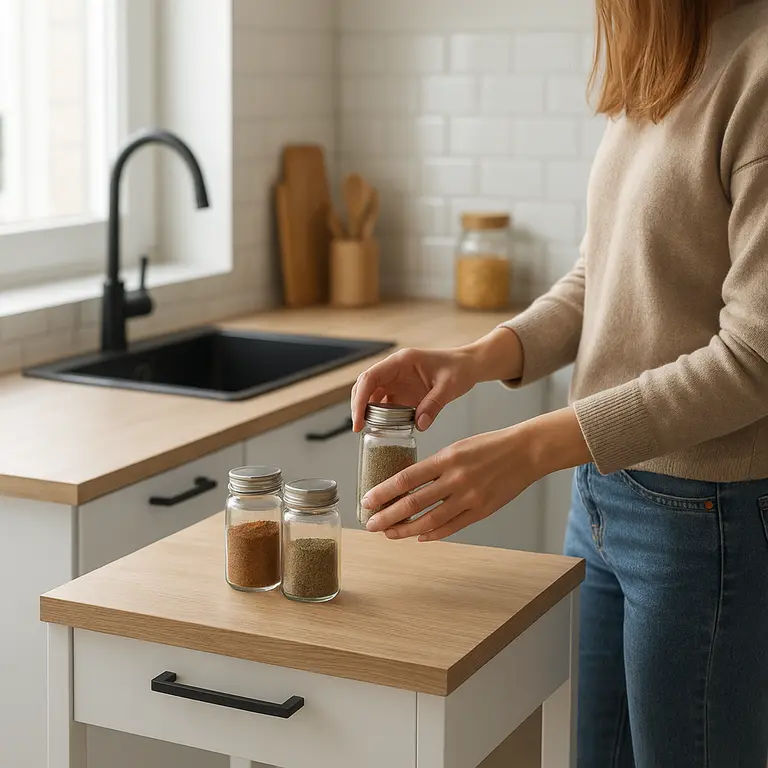 Mulher organizando potes de temperos na bancada de ilha pequena em cozinha compacta moderna
