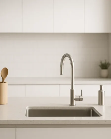 cozinha minimalista elegante bancada pedra Cozinha minimalista elegante com bancada clara, armários brancos foscos e pia moderna cromada