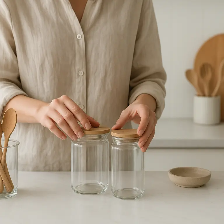 Pessoa organizando potes de vidro transparente e utensílios de madeira clara em bancada de cozinha minimalista elegante com iluminação natural