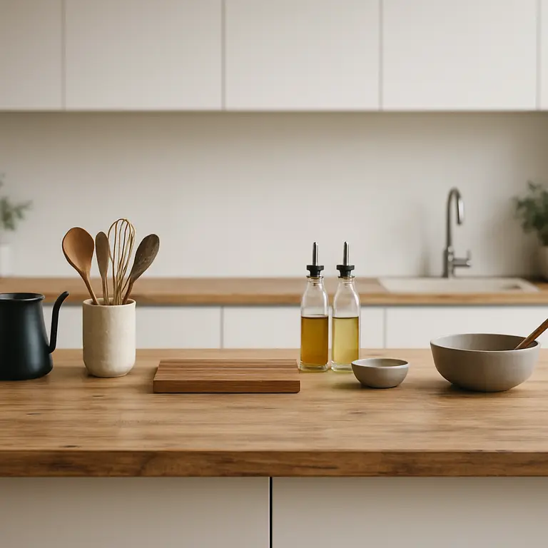 Cozinha minimalista elegante com bancada ampla em madeira natural e utensílios modernos organizados