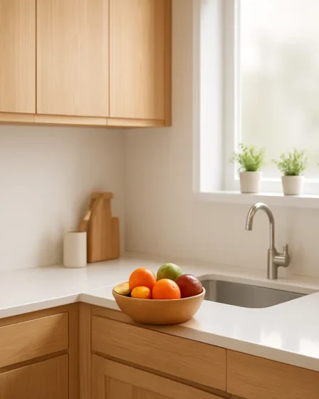 cozinha moderna madeira clara bancada pedra Cozinha moderna com armários em madeira clara e bancada branca com frutas e plantas
