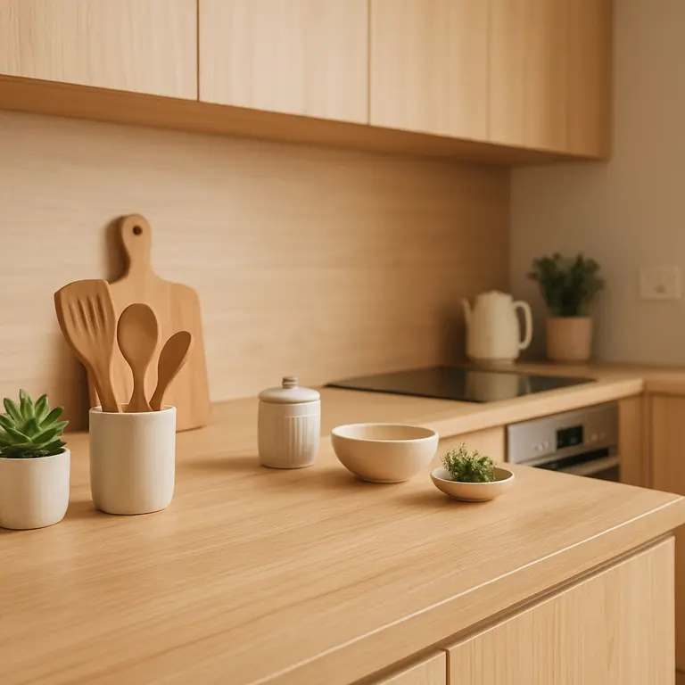 Cozinha moderna com armários de madeira clara e bancada branca