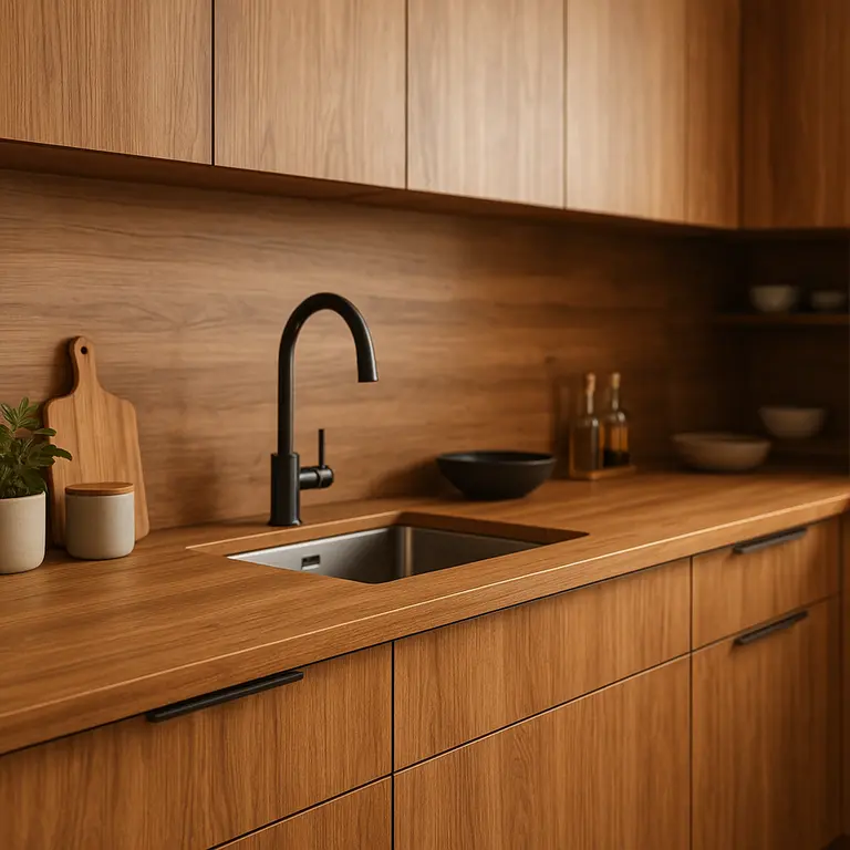 Cozinha moderna com bancada e armários em madeira densa, ambiente organizado e iluminado com luz difusa