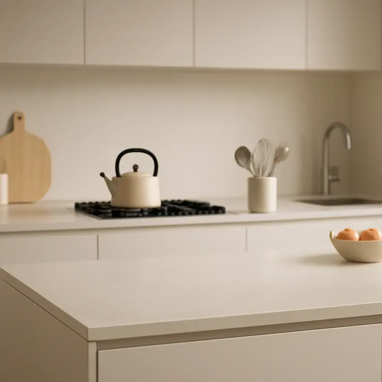 Cozinha moderna minimalista com bancada lisa clara e gavetas sem puxadores