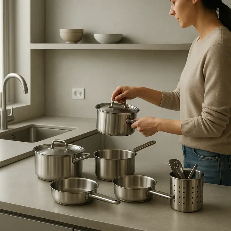 Pessoa organizando utensílios de inox em bancada de cozinha moderna minimalista com iluminação natural