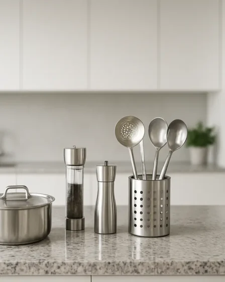 cozinha moderna minimalista funcional 1 Bancada de granito em cozinha moderna minimalista com utensílios de aço inox e vidro, armários brancos embutidos e plantas verdes ao fundo